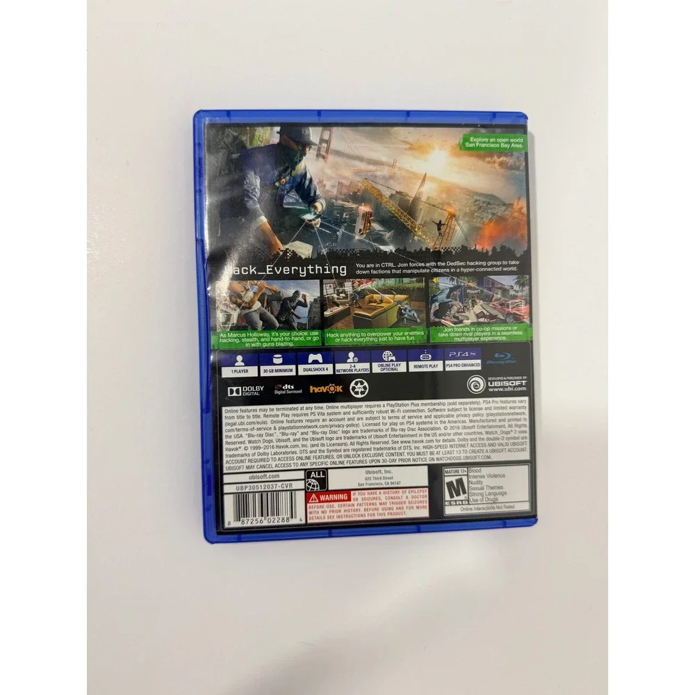 Ubisoft Watch Dogs 2 PS4 One Size Blue Excellent Action Adventure Game Disc